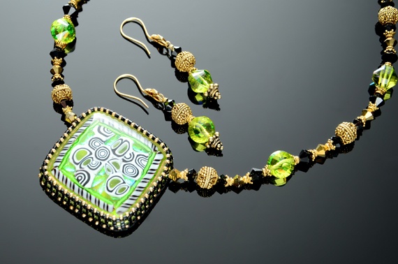 Gustav Klimt Inspired Fused Glass Necklace & Earring Set
