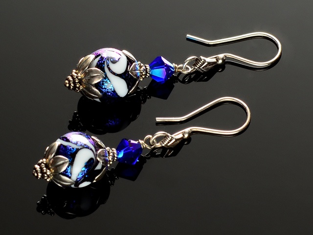 Blue Dichroic Feathered Glass Earrings