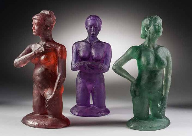 kiln cast Bullseye glass statues with restrained but emotional gestures