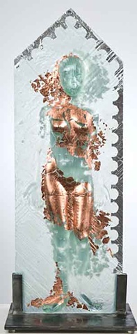 kiln-cast glass female figure supported by steel frame, with silver and copper