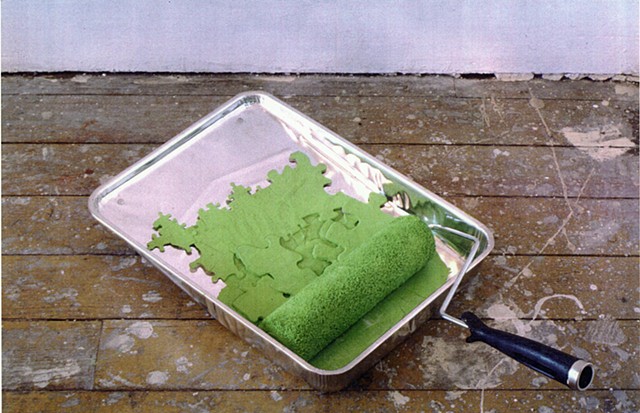 "Wrong color," from Brooklyn Room at Eyewash Gallery, 1999. Jigsaw puzzle pieces, paint, paint roller, roller tray.