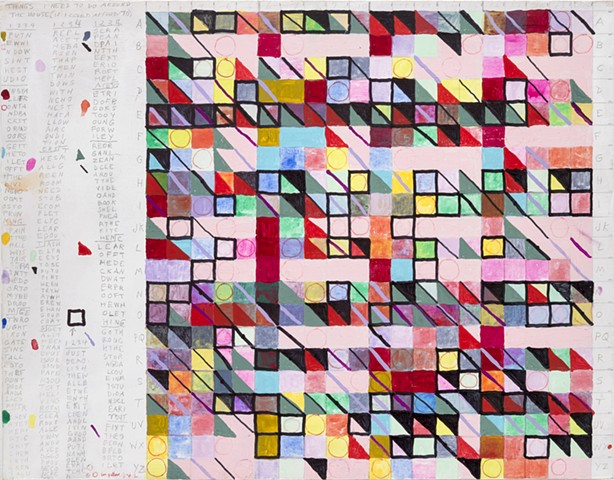 Acrylic gouache and graphite on panel, text, geometric, art, artist, grid, color, Leslie Roberts