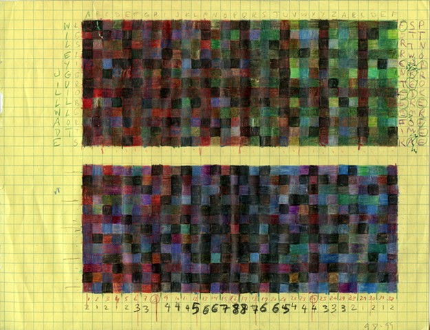 contemporary painting, drawing, graph paper, text art, conceptual art, geometric painting, color, grid