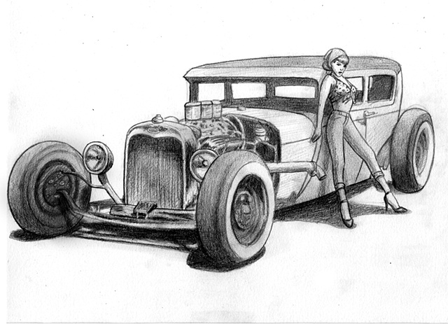 ed pollick, edward pollick, pollick art, pollick drawing, pollick painting, pollock, bettie page, betty page, hot rod, classic car, classic cars, bettie page drawing, betty page drawing, 50's, 50's memorabilia, 1950, 1950's, roadster, engine showing, car,