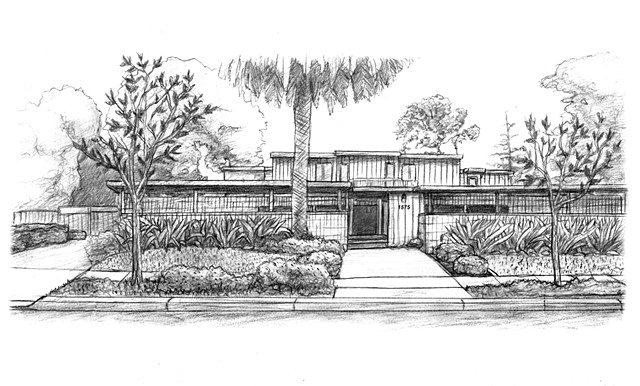 Pencil, sketch, drawing, real estate, house, home, trees, driveway, agent, magazine, Ed Pollick, Edward Pollick, palm trees, street, draw, illustration, view ed pollick, edward pollick, pollick art, pollick drawing, pollick painting, pollock, pollick artw