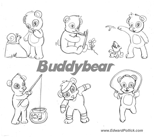 Buddy bear character designs, layout, poses, bear, drawing, cartoon, ed pollick