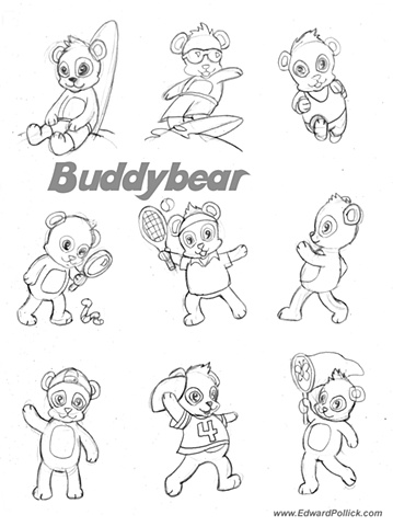 Buddy bear character designs, layout, poses, bear, drawing, cartoon, 