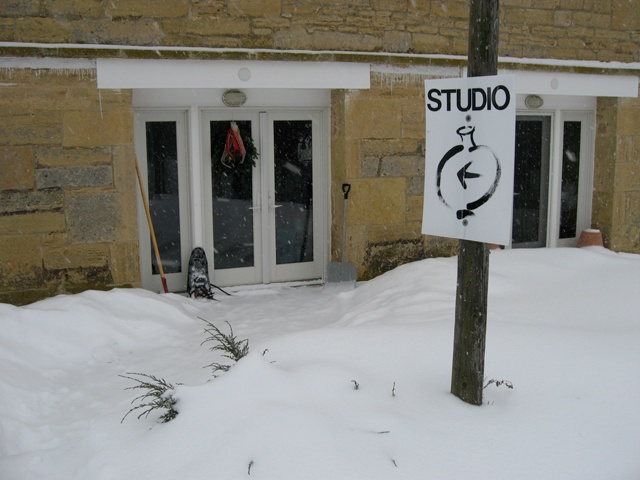 Carol Naughton Ceramics Studio. The studio in winter, using snowshoes to get to the studio.