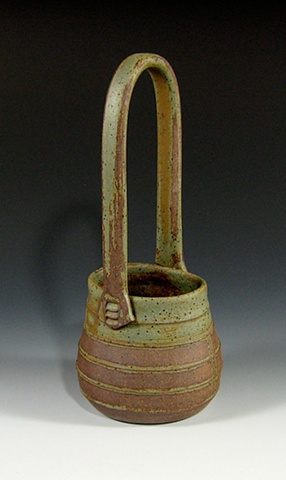 stoneware, basket, green, tall handle, by Carol Naughton Ceramics