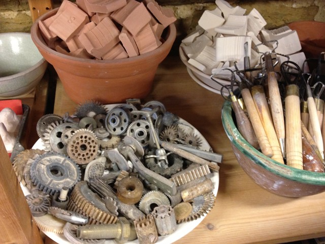 Ceramic work tools in Carol Naughton Ceramics studio in Dodgeville Wisconsin.