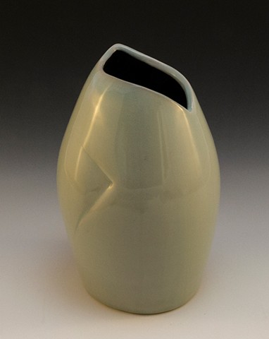 Vase with Cut Opening. Porcelain, Grey/Green Glaze. By Carol Naughton Ceramics