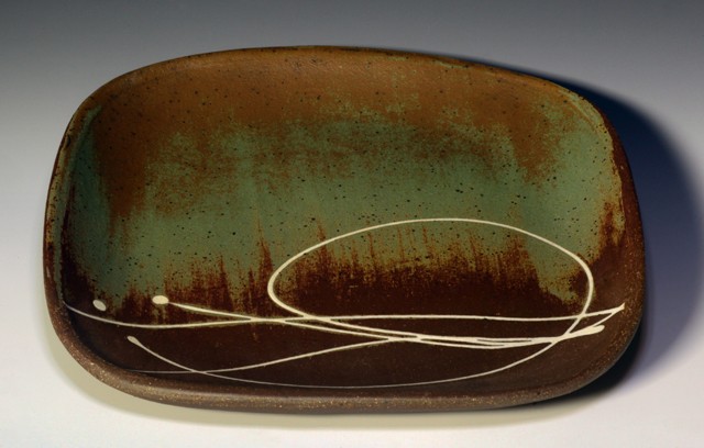 Line drawing on stoneware plate, stoneware, reduction,  by Carol Naughton Ceramics