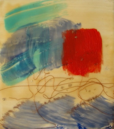 View from the Sea with Copper Wire  Encaustic, copper wire, mica  7.75" x 7" 