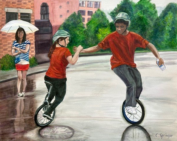 Two friends greet each other on unicycles.