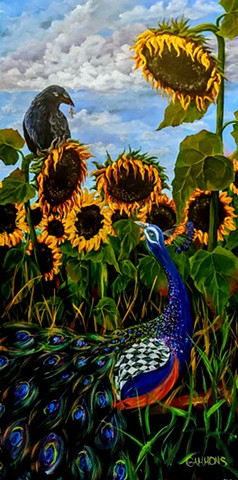 Crow, blackbirds, peacock, sunflower, trinity, peace, balance, seek, find, key, happiness, trust, love, adoration, clouds, crop, field