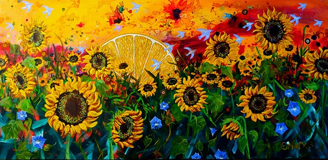 sunflowers, sunset, field, orange, surreal, birds, morning glory