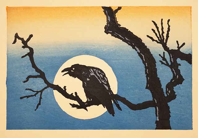 A woodblock print by Dan Fionte of a juvenile common raven in a bare oak tree in front of the full moon.