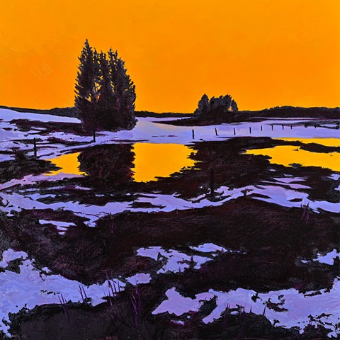 An oil painting of The Great Marsh at Little River Pasture behind Old Town Hill in Newbury, Massachusetts, near Newburyport, by Daniel Fionte