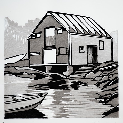 A woodblock print by artist Dan Fionte of the large fish shack at Lane's Cove Gloucester.