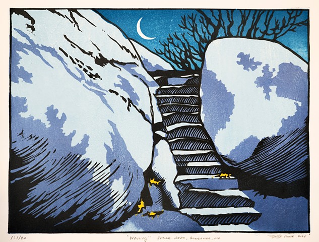 A woodblock print by Dan Fionte. The end of the year is nigh and the waning Cold Moon sets over the granite monoliths at Stage Head, Gloucester Massachusetts. 