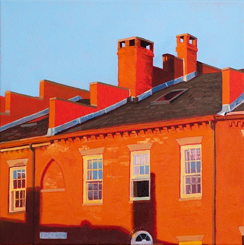 A commissioned oil painting of East Row in Market Square, Newburyport, Massachusetts.