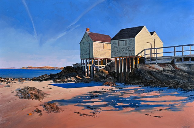 An oil painting of flotsam and shadows on a summer day on Willard Beach, in South Portland, Maine, by Dan Fionte