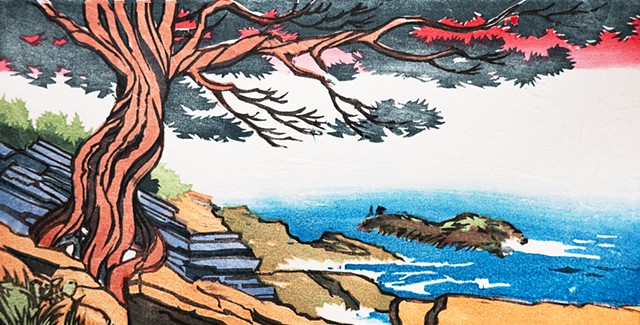 A woodblock print by artist Dan Fionte of a twisting cedar tree clings to the rocks along the Marginal Way in Ogunquit, Maine, overlooking Perkins Cove.