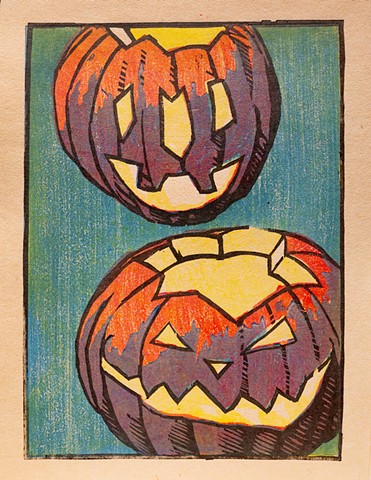 Dan Fionte's first annual Halloween Woodblock print "Brothers Grin" is inspired by two Jack-O-Lanterns carved by my two sons.