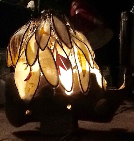 Local, pit fired, micacious clay , table light, paper lanterns 