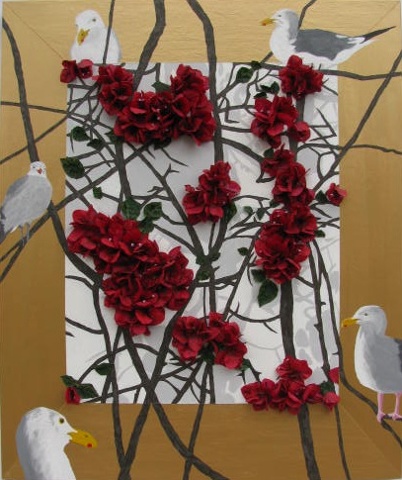 painting of seagulls and bougainvillea by KarenPattersonBrunke