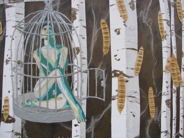 painting of woman in bird cage hanging in aspen trees by KarenPattersonBrunke