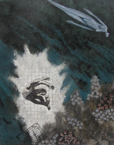 painting of a man bursting into underwater environment by KarenPattersonBrunke