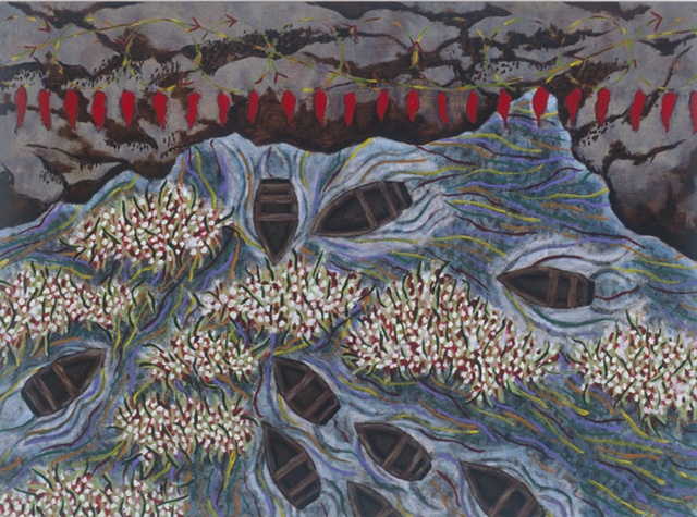 painting with floating boats and red chilis by KarenPattersonBrunke