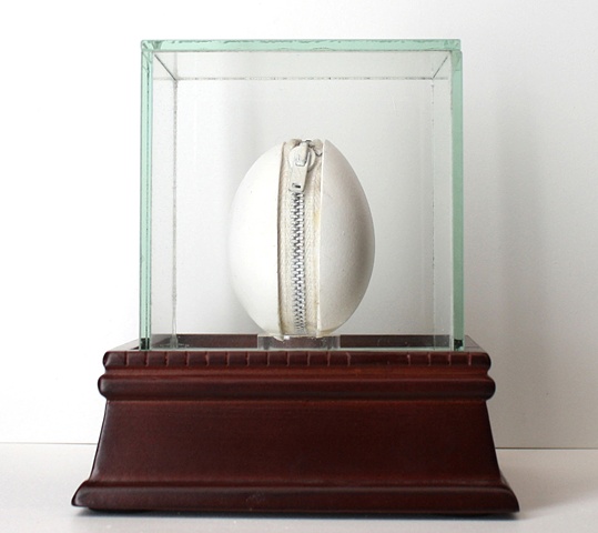 Mixed media--eggshell with zipper sculpture in glass box.