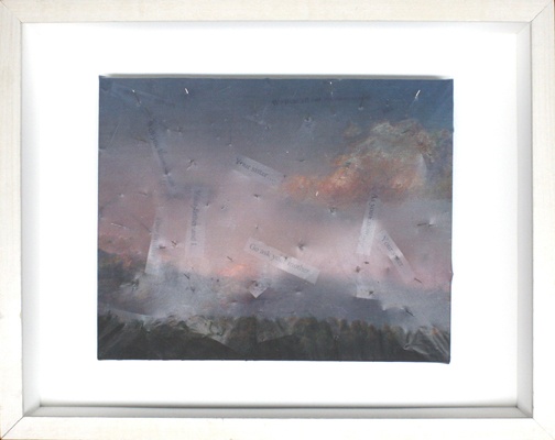 Mixed media--stretched xerographic transfer of original acrylic landscape with straight pins and text in hinged and claspedbox frame.