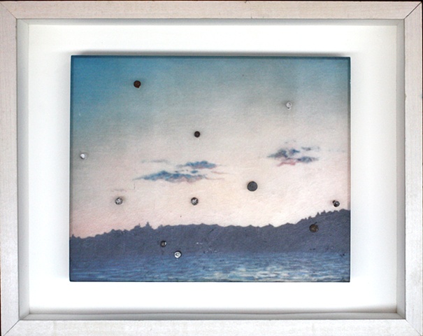 Mixed media--stretched xerographic transfer of original acrylic painting with nails in hinged and clasped box frame.