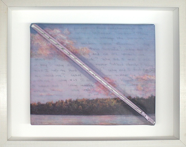 Mixed media--stretched xerographic transfer of original acrylic landscape on cloth with zipper; text in hinged and clasped box frame.