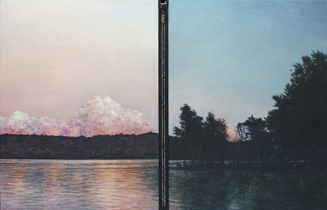 Mixed media--acrylic landscape on canvas with rhinestone zipper.