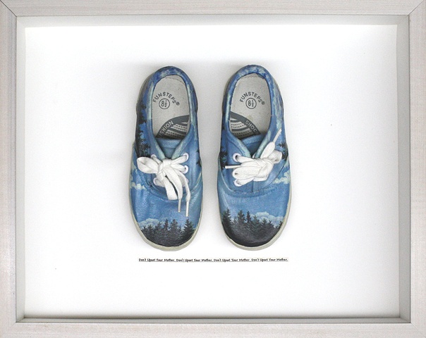 Mixed media--xerographich transfer of original acrylic painting on child's sneakers with text in hinged and clasped box frame.