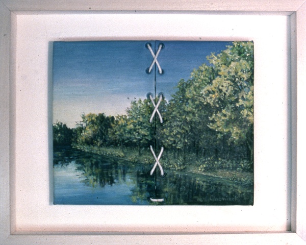 Mixed media--acrylic on canvas landscape with eyelets and lacing in hinged and clasped box frame.