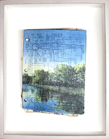 Mixed media--xerographic transfer of original acrylic landscape on matte board with hardware; journal pages in hinged and clasped box frame.