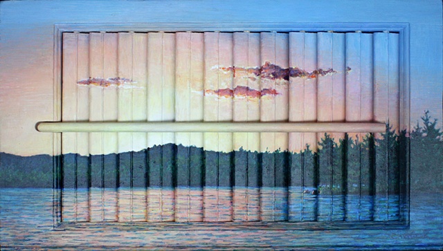 Acrylic landscape on interior wooden window shutter; digital image with text dealing with verbal abuse. Text is based on a personal story shared with me.