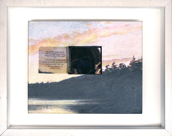 Mixed media--xerographic transfer of original acrylic landscape with mirror and text in hinged and clasped box frame.