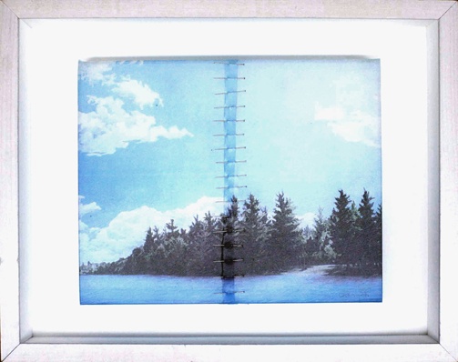 Mixed media--xerographic transfer of original acrylic painting with straight pins in hinged and clasped box frame.