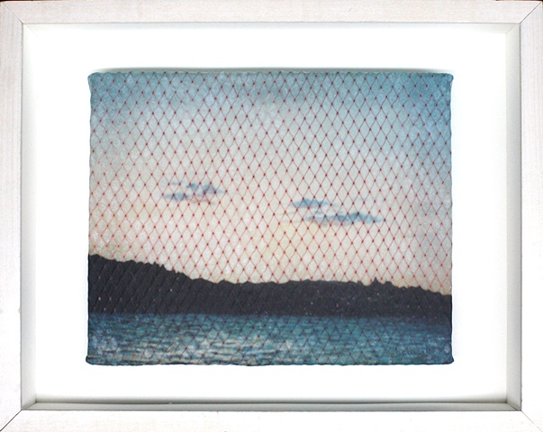 Mixed media--xerographic transfer of original acrylic painting on netting in hinged and clasped box.