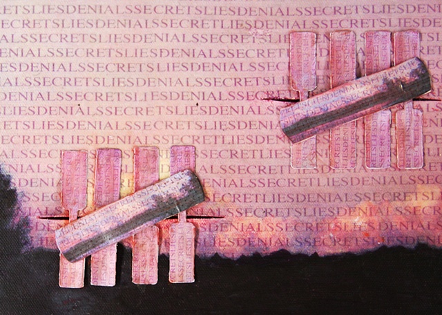 Mixed media--xerographic transfer of original acrylic landscape painting on canvas with text; zipper and butterfly bandages.