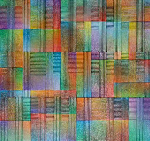 Grid based abstract non-representational design using cross-hatching and color gradation.  Primary and secondary colors predominate.