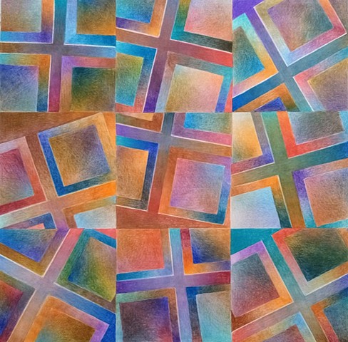 Color study using sets of four squares within each section of a grid framework.