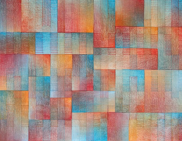 Grid based abstract non-representational design using cross-hatching and color gradation. Blues, reds, oranges and browns predominate.