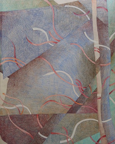 Abstract drawing suggesting a landscape, in blues, aquas, and Browns